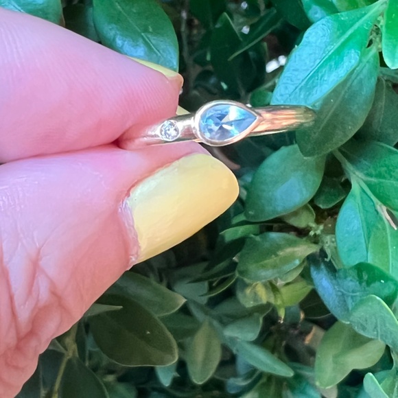 VINTAGE 14K YELLOW GOLD PEAR CUT BLUE TOPAZ DIAMOND BAND RING STACKABLE SLEEK - Picture 6 of 16